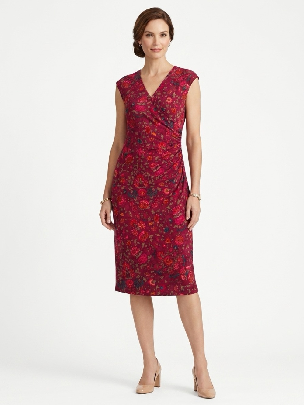 LAUREN Ralph Lauren Dress Ruched V-Neck Cap Sleeve Floral Midi Burgundy XL